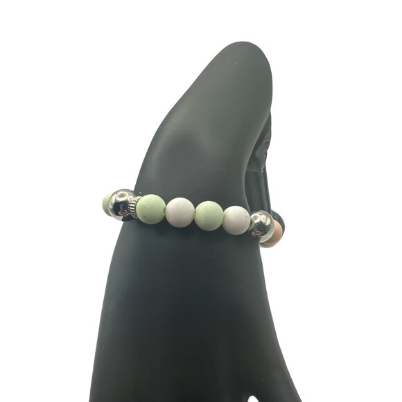 Pastel Green and Pink Beaded Stretch Bracelet Silver Accents 6 inch - Picture 4 of 5